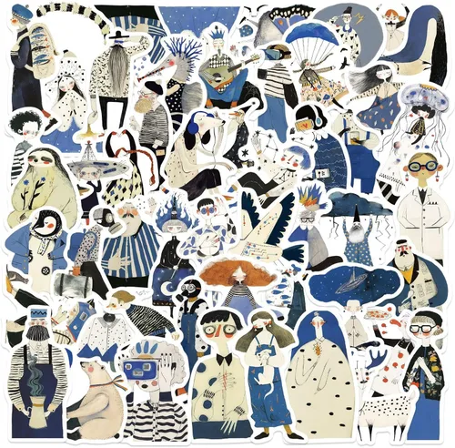 50 calcomanías de vinilo estéticas azules, impermeables, artísticas dibujadas a mano, para botellas de agua, portátiles, diarios, álbumes de