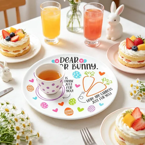 Miniatura 5 de AnyDesign Plato redondo de conejo de Pascua, platos redondos de conejo, zanahorias para querida Pascua, platos de plástico reutilizables, bandeja