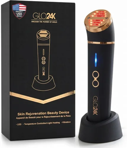 GLO24K - Dispositivo de belleza de luz roja para cara y cuello, masajeador facial y cuello 3 en 1 con triple LED y tecnología de vibración avanzada