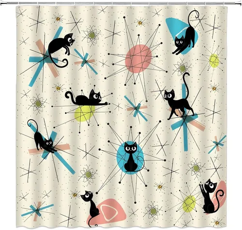 Mid Century Shower Curtain Black Cat Retro Atomic Diamond 1950s 1960s Abstract Geometric Minimalist Simple Vintage Modern Bathroom Decor Polyester