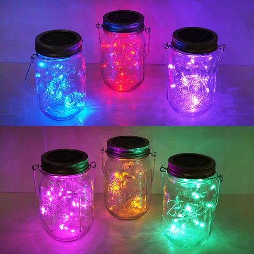 Miniatura 9 de Juego de 6 luces solares para tapa de tarro, paquete de 20 luces LED impermeables con diseño de estrella de hadas y luciérnaga, para decoración