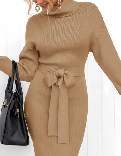 Miniatura 76 de ZESICA - Vestido por debajo de la rodilla de suéter, de cuello alto, para mujer, de manga larga, de punto acanalado, con abertura y cinturón