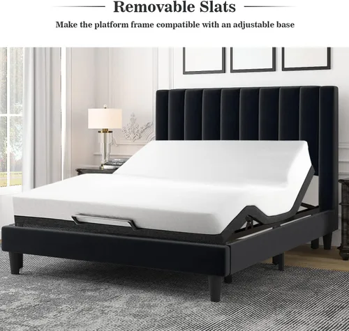 Miniatura 8 de Allewie - Base de cama tapizada en terciopelo, cabecera capitoné de canales verticales, listones de madera reforzados, opción de somier, fácil