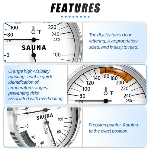 Miniatura 4 de MEANLIN MEASURE Termómetro e higrómetro 2 en 1 Fahrenheit, medidor de termómetro de acero inoxidable, 70-250°F, 0-100% HR para sala de sauna