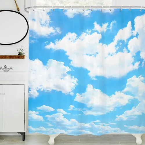 Cortina de ducha con fondo de cielo azul, 72 x 72 pulgadas, paisaje natural, tela impermeable, poliéster, decoración de bañera, paquete de 12