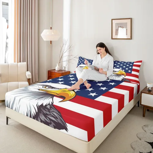 Miniatura 20 de Erosebridal American Flag Fitted Sheet Twin, Hockey Bedding Set United States Sports Games Bed Sheets for Kids Boys Teens Bedroom, Red White