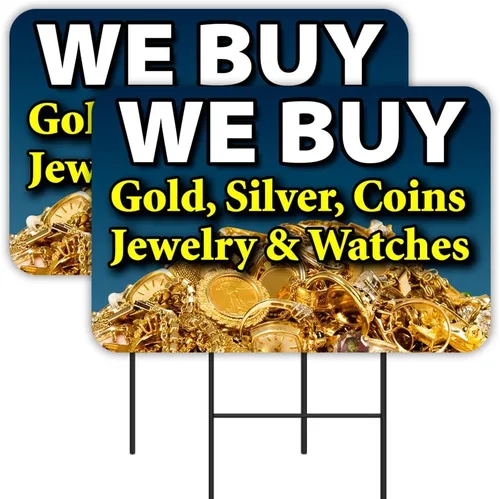We Buy Gold Silver Jewelry - Paquete de 2 carteles para patio de 16 x 24 pulgadas, impresión de doble cara, con estacas de metal fabricadas en los