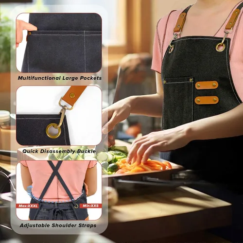 Miniatura 3 de LZMS Delantal de chef para hombres y mujeres, delantal de trabajo de lona con espalda cruzada con 3 bolsillos grandes, resistente al agua