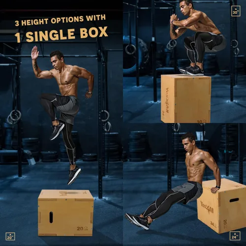 Miniatura 3 de Yes4All Caja pliométrica de madera, caja de saltos 3 en 1 para gimnasio en casa (12/14/16 in), cajas de 450 lbs para subir con bordes lisos y asas
