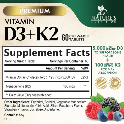 Miniatura 2 de Suplemento de vitamina D3 K2 5000 UI D3 + K2 100 mcg MK-7 K2 con vitamina D Apoya la salud inmunológica, cardíaca, dental y ósea, fácil