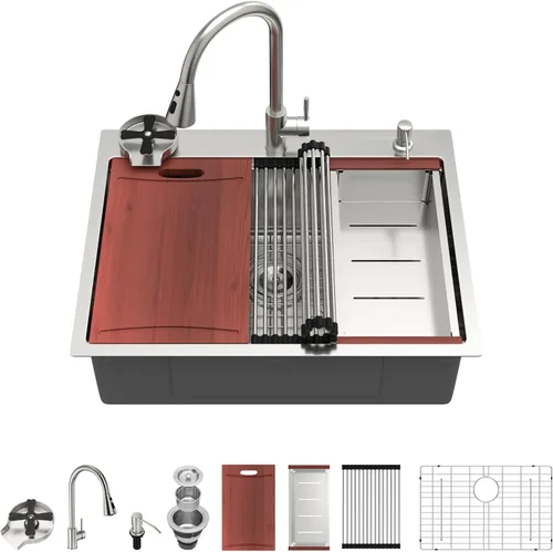 Miniatura 42 de Kichae Fregadero de Cocina de 21x20 Pulgadas, Fregadero de Barra Pequeño, Fregadero de Acero Inoxidable, Montaje Superior, Montaje Inferior