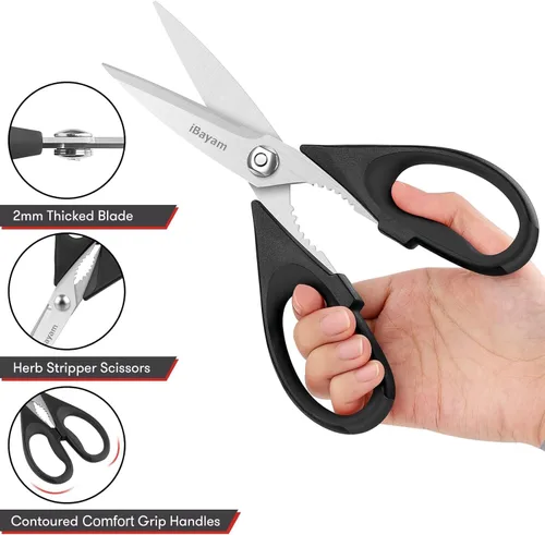 Miniatura 3 de iBayam Tijeras de Cocina Negras – Tijeras Resistentes para Carne y Aves de Corral, Tijeras Utilitarias de Acero Inoxidable Aptas para Lavavajillas