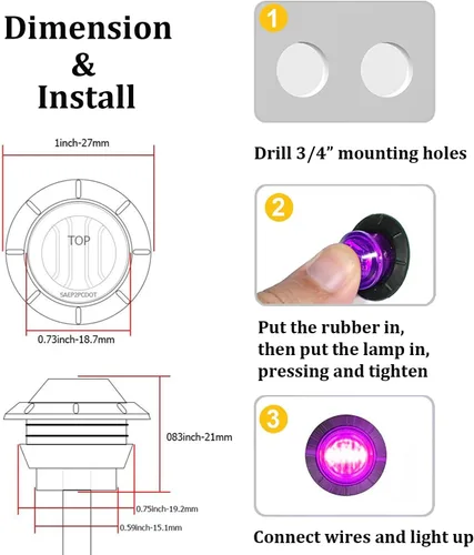 Miniatura 5 de FXC - 10 luces LED redondas de 1,9 cm - frontales y traseras, luz intermitente lateral, intermitentes para camión, coche, autobús, remolque, Púrpura