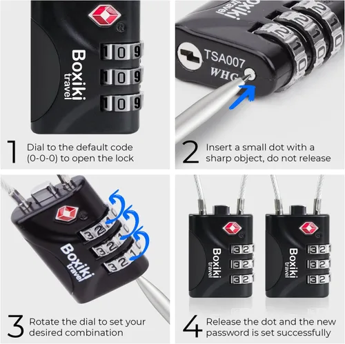 Miniatura 5 de Paquete de 2 cerraduras de equipaje aprobadas por la TSA con combinación de 3 esferas con cable de acero flexible para maletas, mochilas, bolsas