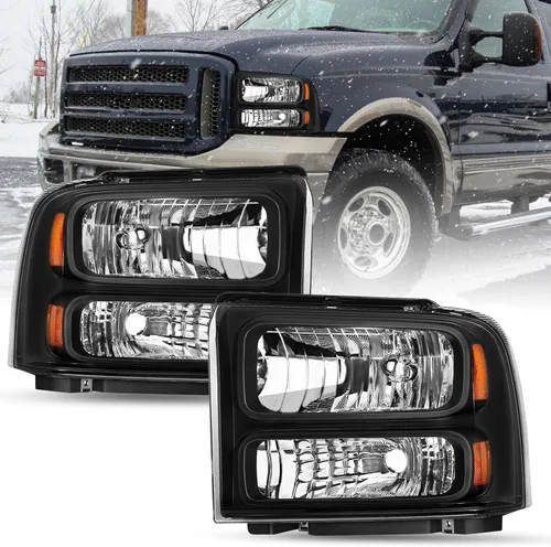 SOCKIR - Juego de faros compatible con Ford F250 F350 F450 F550 Super Duty 1999-2004 / Ford Excursion 2000-2004, carcasa negra, reflector ámbar