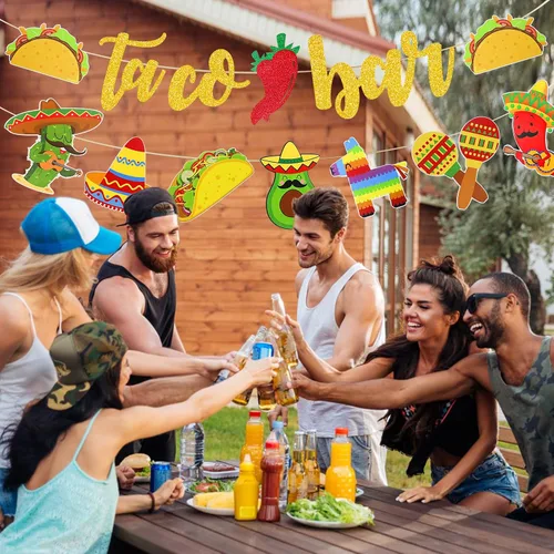 Miniatura 7 de Fiesta Taco Bar Banner Garland 2 juegos de fiesta mexicana fiesta bandera con cactus burro maraca sombrero taco pimienta para fiesta temática