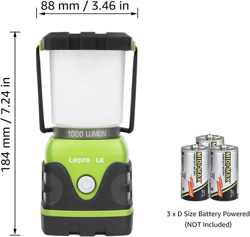 Miniatura 2 de LE Luz LED portátil de 1000 LM, atenuable, linterna para acampar de 4 modos, resistente al agua, lámpara que funciona a batería para el hogar