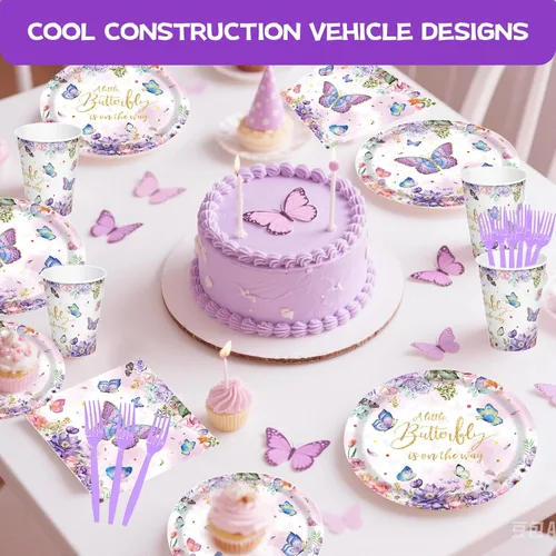 Miniatura 5 de Suministros de fiesta de cumpleaños de mariposa, juego de vajilla desechable de mariposa de 120 piezas con platos, vasos, servilletas y tenedores