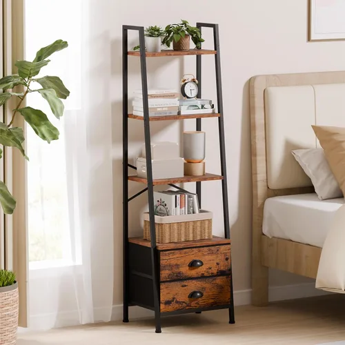 Miniatura 8 de Furologee Estantería de escalera de 4 niveles, estantería pequeña con 2 cajones, organizador vertical de almacenamiento, estanterías rústicas