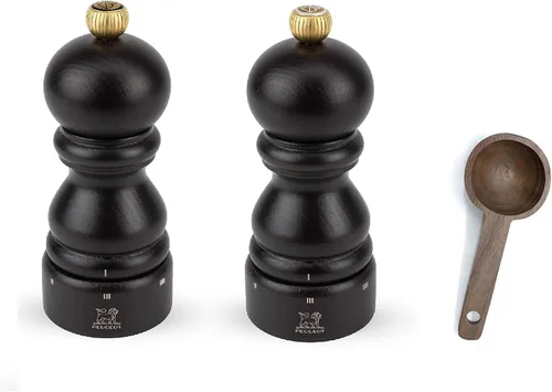 Peugeot Paris u'Select Set de molinillos de sal y pimienta manual de madera de haya con 6 configuraciones y cuchara de especias de madera, fabricado