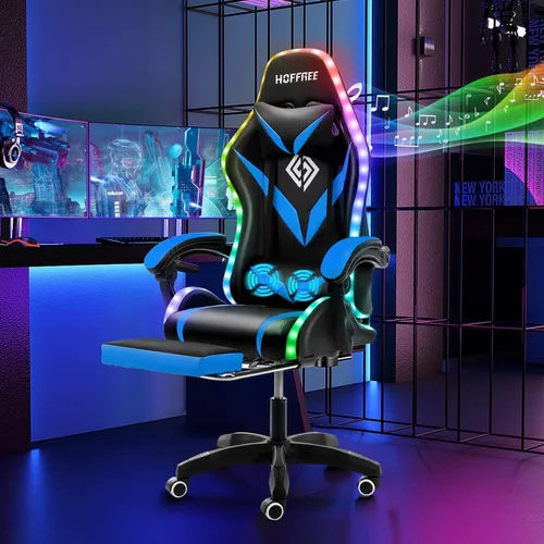 HOFFREE - Silla gamer con masaje, altavoces Bluetooth y luces LED, silla ergonómica para computadora y videojuegos con reposapiés, silla de Azul y