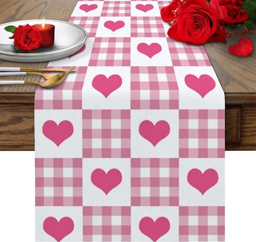 Miniatura 11 de Camino de mesa para decoración del día de San Valentín, diseño de gnomo, corazón, rojo, a cuadros, búfalo, algodón, lino, decoración de mesa