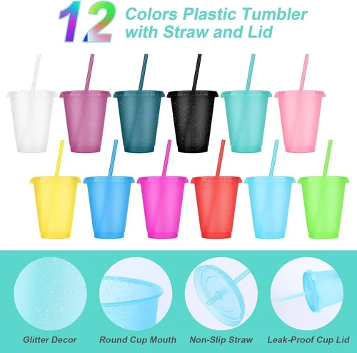 Miniatura 3 de 24 Piezas Vasos de Plástico con Tapas y Pajitas, Vasos Reutilizables con Tapas Vasos Coloridos de Plástico para Fiesta de Cumpleaños, Taza de Café