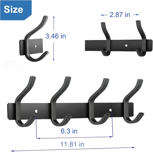 Miniatura 5 de Ganchos de pared negros, perchero de pared de 30 cm con 4 ganchos, ganchos de pared resistentes para colgar mochila, bolso, cartera, ropa, sombrero