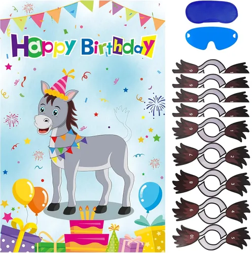 Pin The Tail On The Donkey Juego de fiesta de cumpleaños con 50 piezas de colas grandes de juegos de burro para niños, suministros de fiesta de