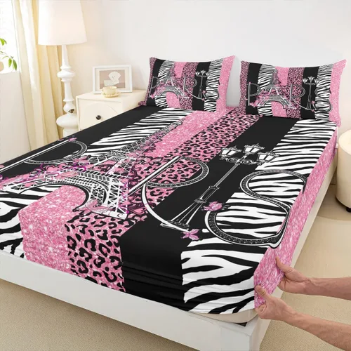 Miniatura 22 de Sábana bajera ajustable para niños, tamaño individual, diseño de cebra y leopardo con purpurina, decoración de habitación para niñas y mujeres, A1