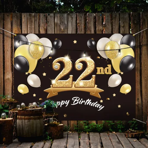 Miniatura 5 de Telón de fondo de pancarta de feliz cumpleaños 22 – Suministros de decoración de fiesta de cumpleaños 22 para hombres y él – Negro dorado 4 x 6 pies