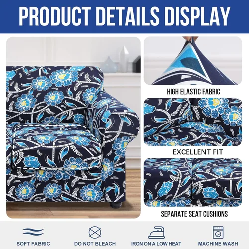 Miniatura 4 de hyha Funda para sofá, diseño floral, elástica, estampada, 4 piezas, fundas para sofá de 3 cojines separados, protector de muebles lavable para Azul
