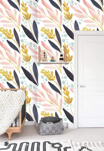 Miniatura 5 de HaokHome - Papel tapiz adhesivo para repisas, vinilo, bosque en acuarela, diseño floral, color blanco, rosa, azul marino y amarillo, removible, 17.7