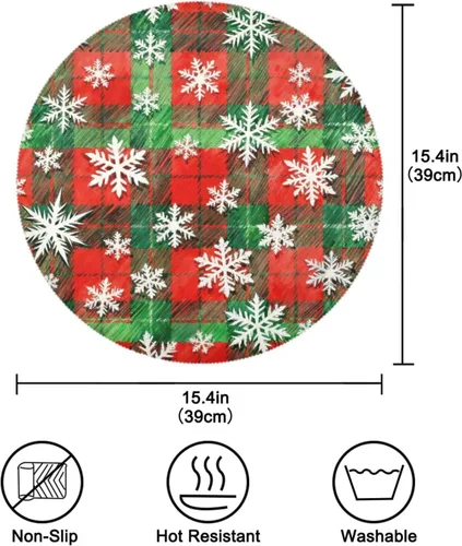 Miniatura 4 de Manteles individuales redondos de tela con patrón de copos de nieve blancos con patrón de cuadros rojos y verdes de Feliz Navidad, 15 x 15 pulgadas