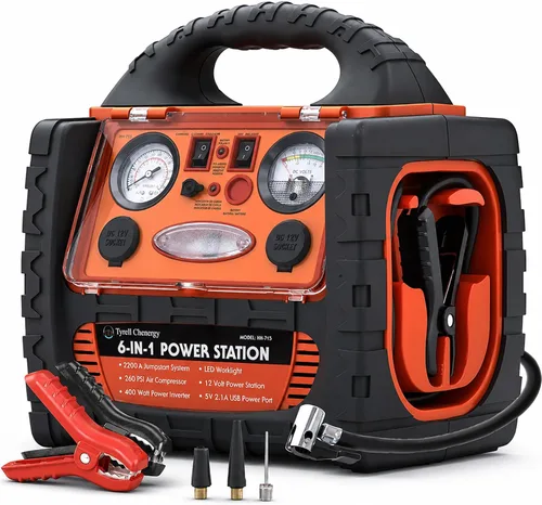 Arrancador de coche de 2200 amperios con compresor de aire, estación de energía portátil con inflador de neumáticos de 260 PSI, inversor de 400 W