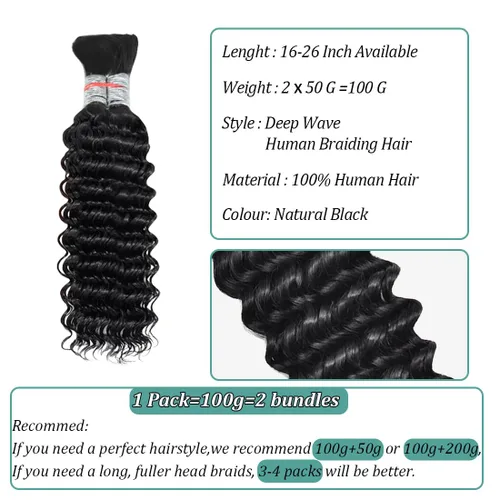 Miniatura 3 de Cabello humano trenzado para trenzas bohemias, cabello humano trenzado de onda profunda, cabello humano a granel para trenzar, sin trama 10A, húmedo
