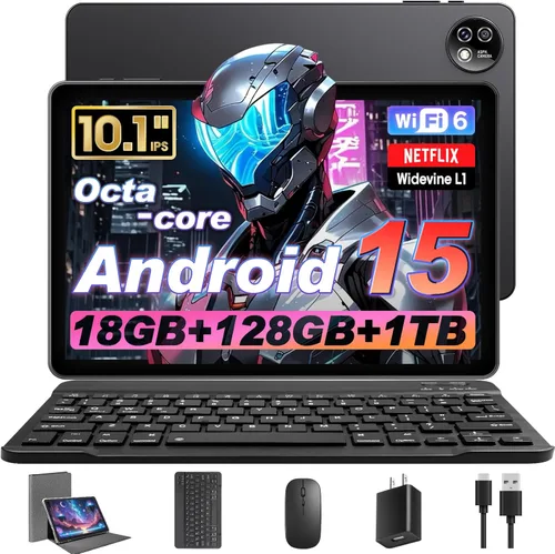 Raemond Tablet Android 15 de 10 pulgadas con teclado y mouse, CPU octa-core, RAM 18 GB, ROM 128 GB (hasta 1 TB), 800 x 1280 Widevine L1, WiFi 6 y