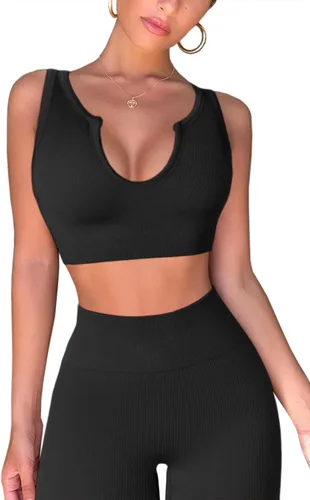 Miniatura 3 de QINSEN Conjuntos de entrenamiento para mujer, 2 piezas, acanalados, sin costuras, sin mangas, cintura alta, leggings de yoga