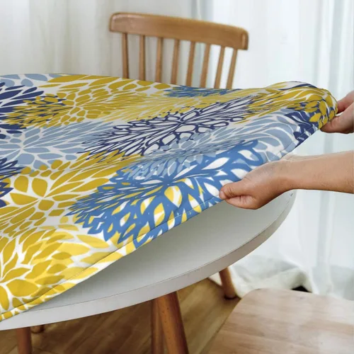 Miniatura 4 de Fiokroo Mantel de Flores de Crisantemo Azul, Amarillo y Azul Marino con Borde Elástico, Mantel Redondo Lavable y Reutilizable Cubierta de Mesa