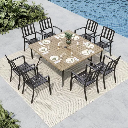Miniatura 12 de MFSTUDIO Juego de comedor al aire libre para 8, juego de mesa y sillas de metal para patio, juego de muebles de patio de 9 piezas, juego de comedor