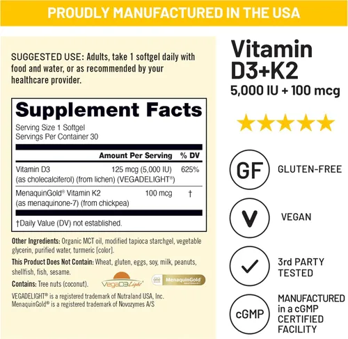 Miniatura 6 de NatureWise Vitamina vegana D3 + K2 con aceite orgánico de coco MCT – D3 orgánico 5000IU + K2 natural 100mcg – Soporte óseo de alta absorción – Sin