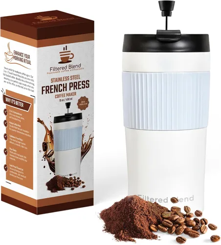 Cafetera y tetera de prensa francesa aislada de acero inoxidable de doble pared de 15 onzas - Té portátil para acampar, taza de café y vaso (blanco)