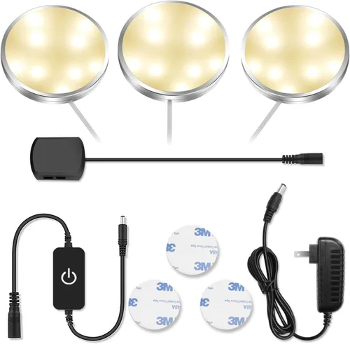 Luces LED de disco, iluminación debajo del gabinete, borde plateado, 3000 K blanco cálido, CRI90+, atenuación táctil, todos los accesorios