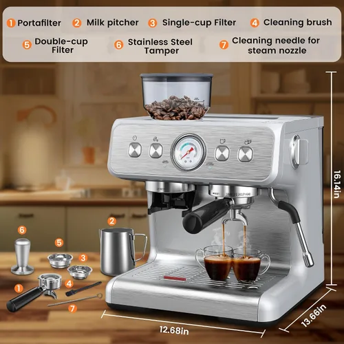 Miniatura 2 de Máquina de café expreso con molinillo integrado, cafetera profesional de 15 barras con espumador de leche, cafetera espresso de acero inoxidable