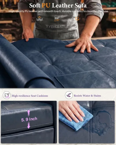Miniatura 5 de TYBOATLE Sofá de dos plazas de piel sintética de 65 pulgadas para dormitorio, moderno y cómodo sofá de mediados de siglo con puertos de carga USB