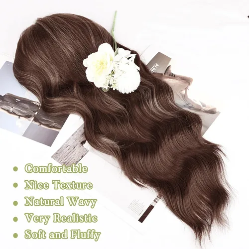 Miniatura 3 de NAYOO Pelucas marrones con flequillo para mujer, pelucas de cabello largo y ondulado, resistentes al calor, pelucas de fibra sintética para uso