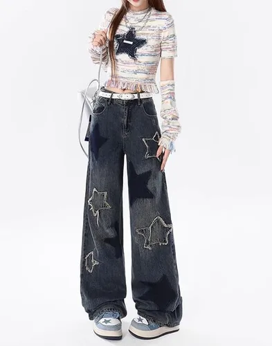 Miniatura 2 de Lafaguw Pantalones de mezclilla holgados Y2k para mujeres, adolescentes, niñas, pantalones de estrella, gráficos, tiro bajo, jeans vintage estéticos