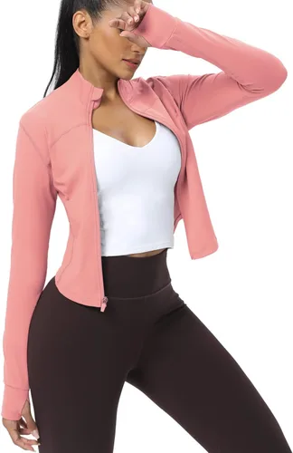Miniatura 22 de AVGO Chaquetas de entrenamiento recortadas para mujer, con cremallera, ajustadas, atléticas, con agujeros para el pulgar