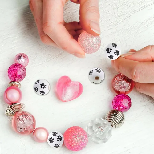 Miniatura 5 de 100 cuentas espaciadoras de madera con estampado de pata de perro de 0.63 pulgadas, cuentas redondas de huellas de perro en blanco y negro