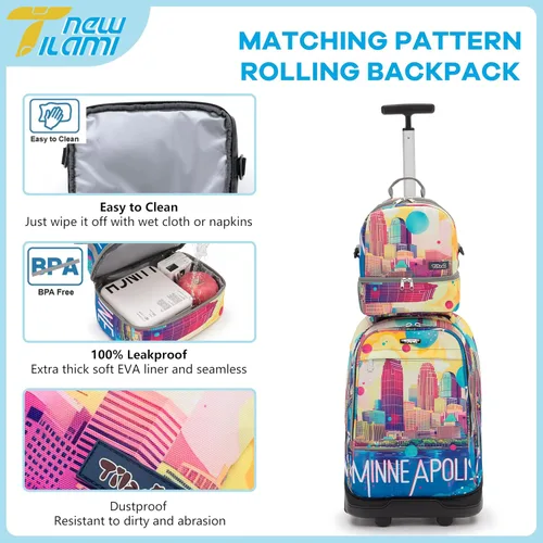 Miniatura 53 de NEW TILAMI Mochila con ruedas de 19 pulgadas con bolsa de almuerzo para niñas y niños, mochila para laptop con ruedas, bolsa de mano duradera
